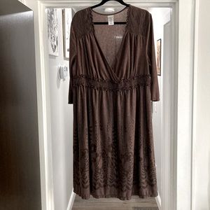Just My Size dress, brown, 3/4 sleeve, floral embellishment in size 22/24.
